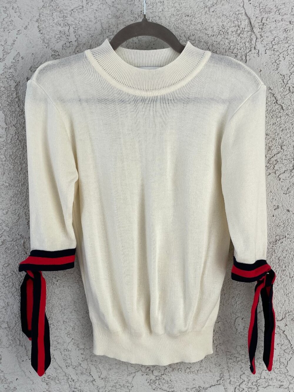 Pixie Market Ivory Knit Sweater Tie Sleeve Contrast Trim Crew Neck Small Preppy
